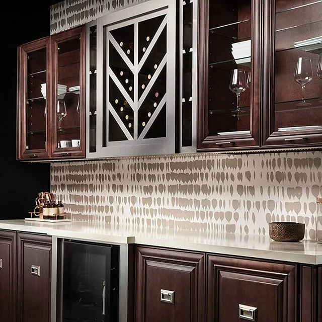 Custom dark wood bar and cabinetry
